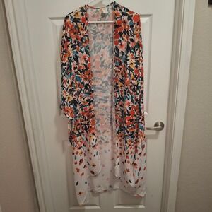Anne Cole Womens OS Watercolor Floral Longline Kimono Cover Up Orange Blue